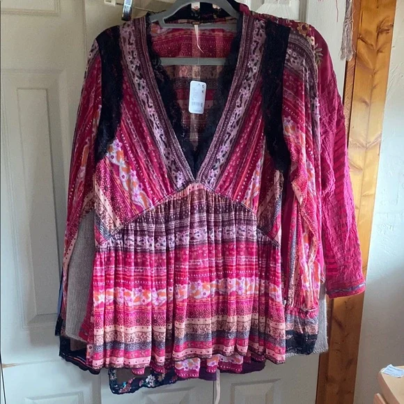 Free People NWT Natalie Boho Print Lace Long Sleeve Vneck Slip/Tunic Top XS - Picture 4 of 15